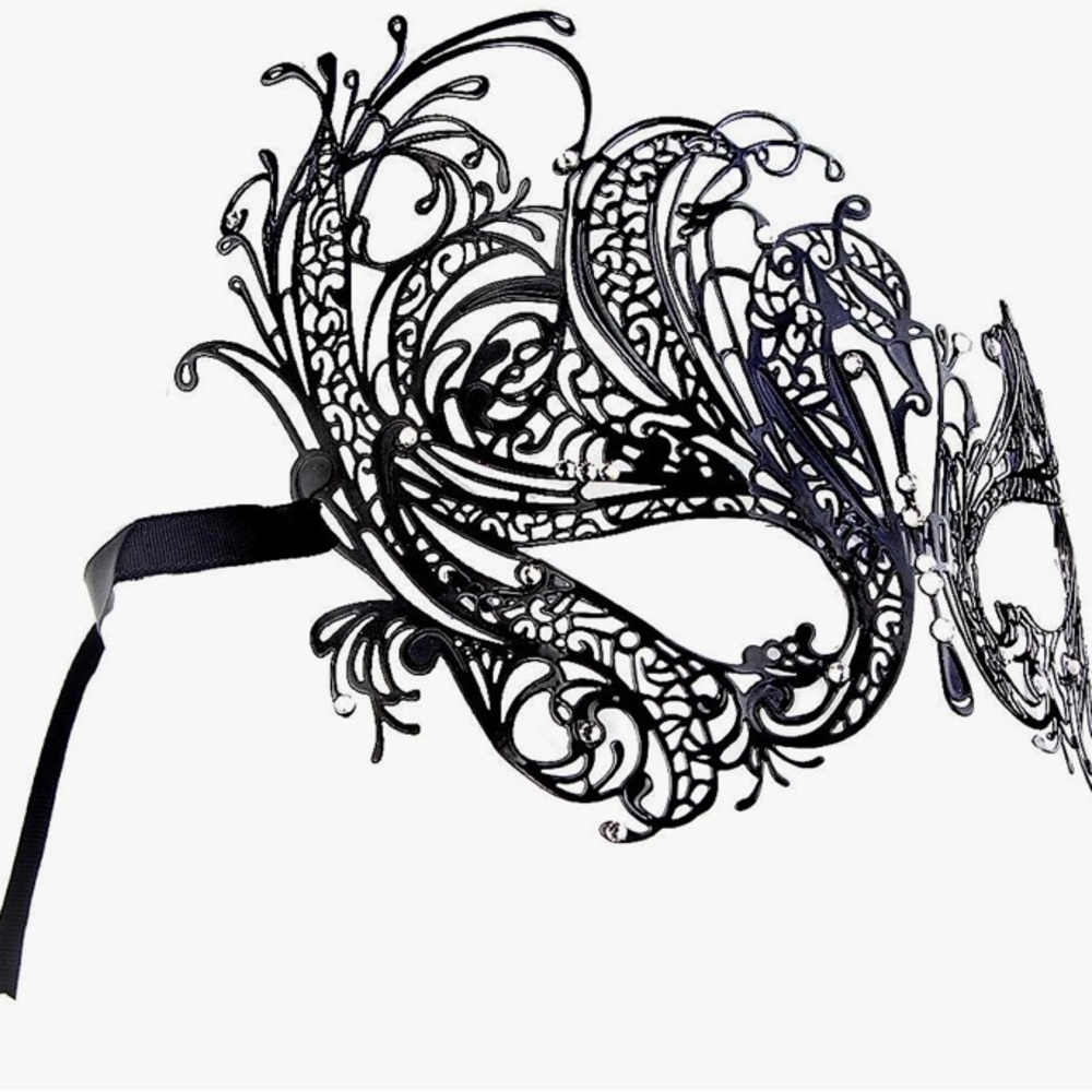 Venetian mask w/tie, black w/clear faux crystals